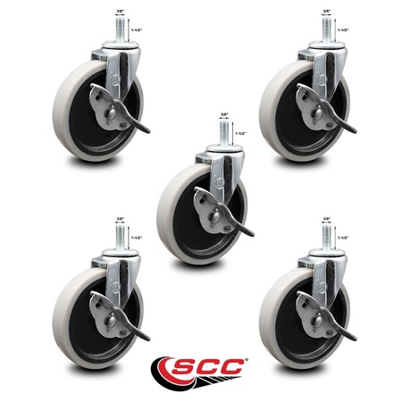 Service Caster 5 Inch Thermoplastic Wheel 3/8 Threaded Stem Caster Set with Brakes SCC, 5PK SCC-TS05S510-TPRS-SLB-381615-5